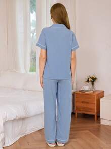 SHEIN 柔软女士长款睡衣，短袖，宽松版型，适合日常穿着舒适蓝色睡衣套装女士睡衣套装浅蓝色睡衣两件套睡衣套装睡衣套装