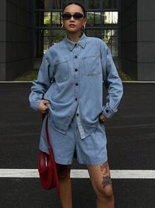 Livesso 女士夏季休闲牛仔衬衫和短裤套装 - 藍色 - 查看 5