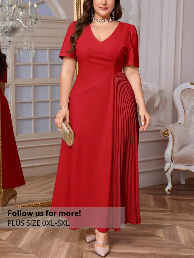 Vestido casual elegante de manga corta con pliegues y elástico suelto para tallas grandes de mujer, adecuado para citas, fiestas, primavera/verano - Rojo - Añade 1