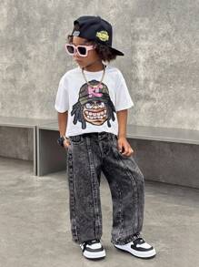 SHEIN Young Boy Urban Street Cool Stylish Fashionable Stonewashed Split Loose Fit Baggy Black Denim Jeans Pants,Casual And Versatile For Kids Clothes Boys Costume Dailywear Four Seasons Indoor/Outdoor Wear Clothes And Streetwear Outfits For Toddler Boys - Black - View 6