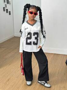 SHEIN Tween Girl Casual Street Fashion Black And White Jersey Print Long Sleeve Top And Pants Set,Autumn Cow Boy School Back-To-School Loose Fit Outfits - Black - View 6