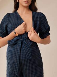 MaterniWear 孕妇格子V领泡泡袖格子哺乳功能宽松连体衣