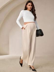 MaterniWear 孕妇高腰褶饰阔腿裤 - 卡其色 - 查看 5