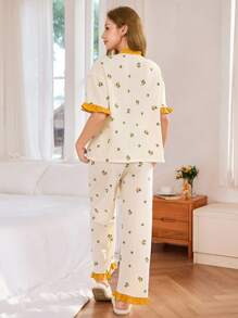 Dream Adore 泡泡皱水果印花纽扣撞色短袖衬衫和裤子女士睡衣套装柠檬睡衣套装女士睡衣套装可爱睡衣套装夏季睡衣套装女士睡衣套装