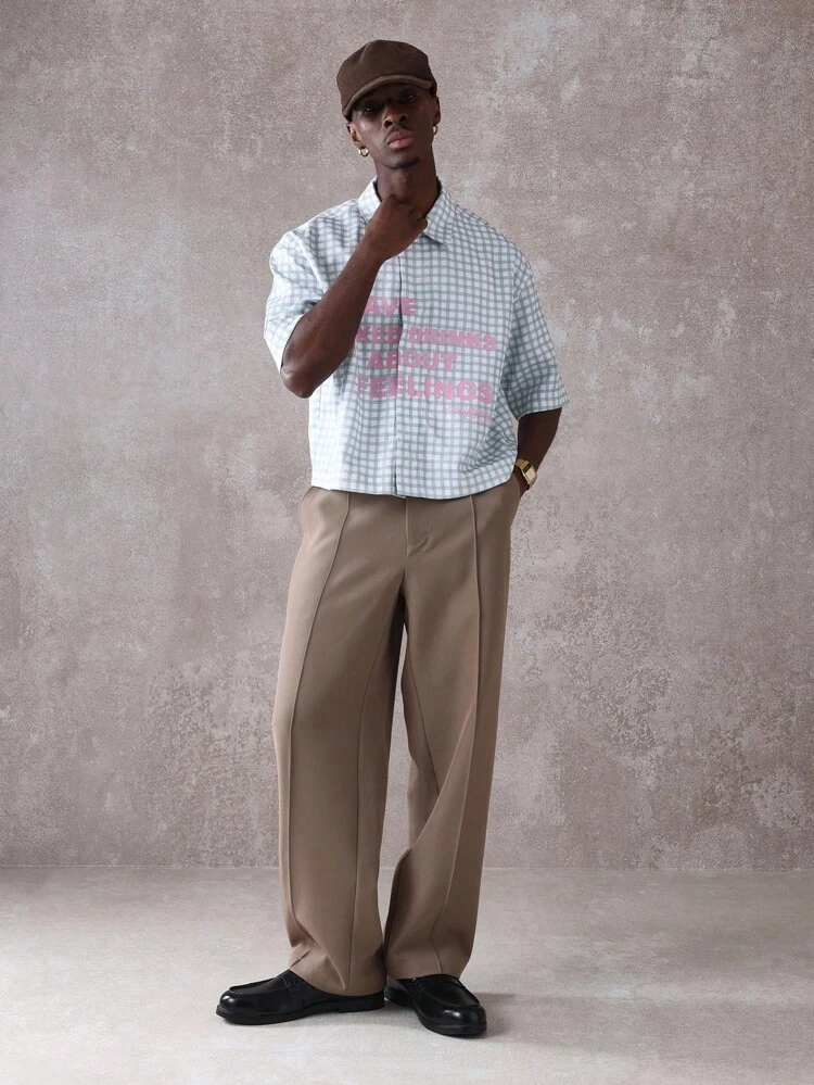 Chemise boutonnée à manches courtes et carreaux  avec imprimé texte amusant