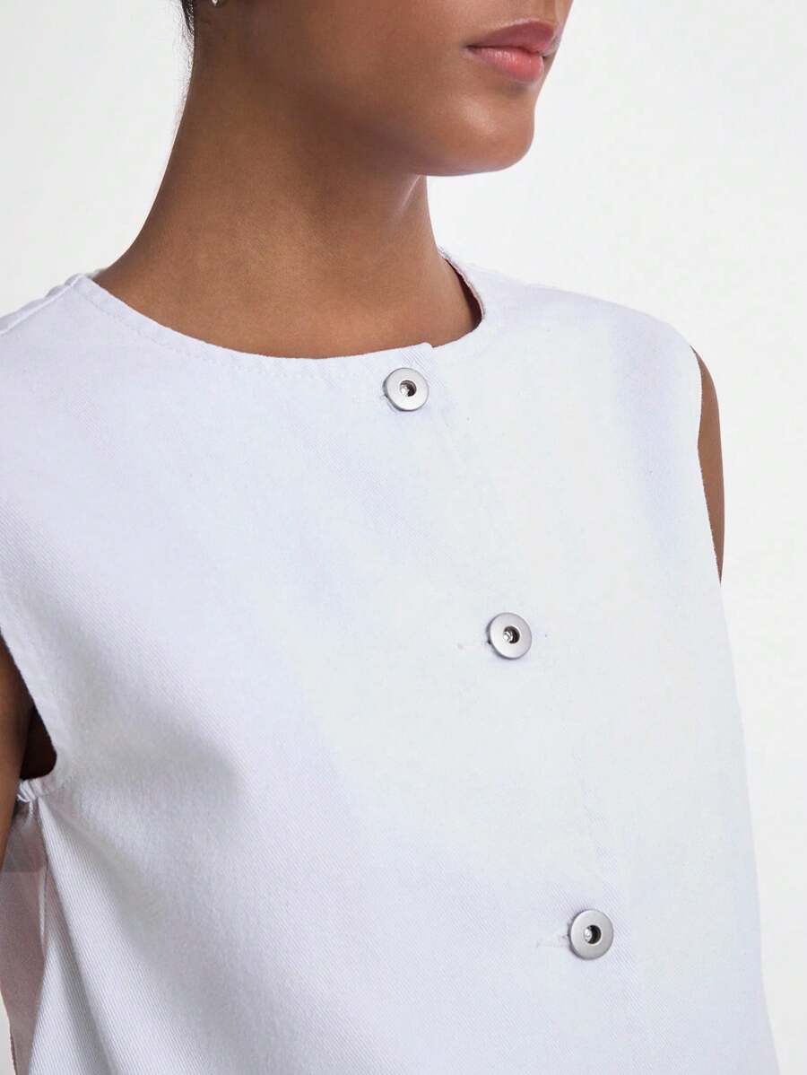 Women's Sleeveless Round Neck White Denim Vest Top - White - View 1