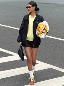 Muchica 女装秋季新款反光条纹美式宽松立领运动夹克 - 黑色 - 查看 6