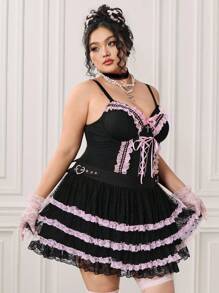 ROMWE EDITION 大码女式撞色荷叶边蕾丝迷你裙 - 黑色 - 查看 6