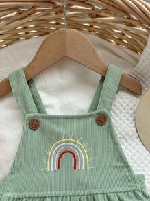 Baby Rainbow Embroidery Ruffle Hem Corduroy Pinafore Dress - Army Green - View 5