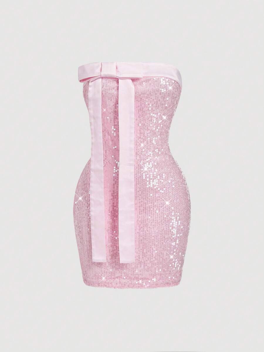 SHEIN MOD Đầm mini đính sequin nơ hồng cho nữ - Hồng - Xem 1