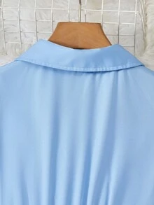 年轻女孩优雅奶油色和白色V领泡泡袖短袖褶皱长裙 - 藍色 - 查看 6