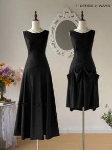 SHEIN MOD Robe noire longue sans dos pour femmes. Style de gilet fendu, jupe taille-longueur, nœud papillon dans le dos, robe de soirée