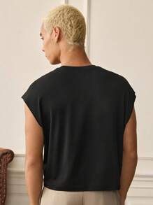 SWAVVY Men's Ancient Building Landscape Pattern Print Loose Casual Stretch Knitted Fabric Round Neck Sleeveless Vest - Black - View 2