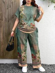 EMERY ROSE 大码女装夏季两件套女士优雅复古欧式花卉复古图案圆领短袖下摆抽绳设计+宽松高腰优雅复古欧式花卉图案