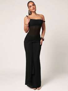 Silquee Women's Simple Solid Asymmetrical Shoulder Bodycon Mini Dress, Summer Dress,Back To School Dress, , Black Maxi Dress Sheer Maxi Dress Mesh Maxi Dress Black Sheer Dress Bodycon Maxi Dress,Fall Wedding Guest Dress - Black - View 1