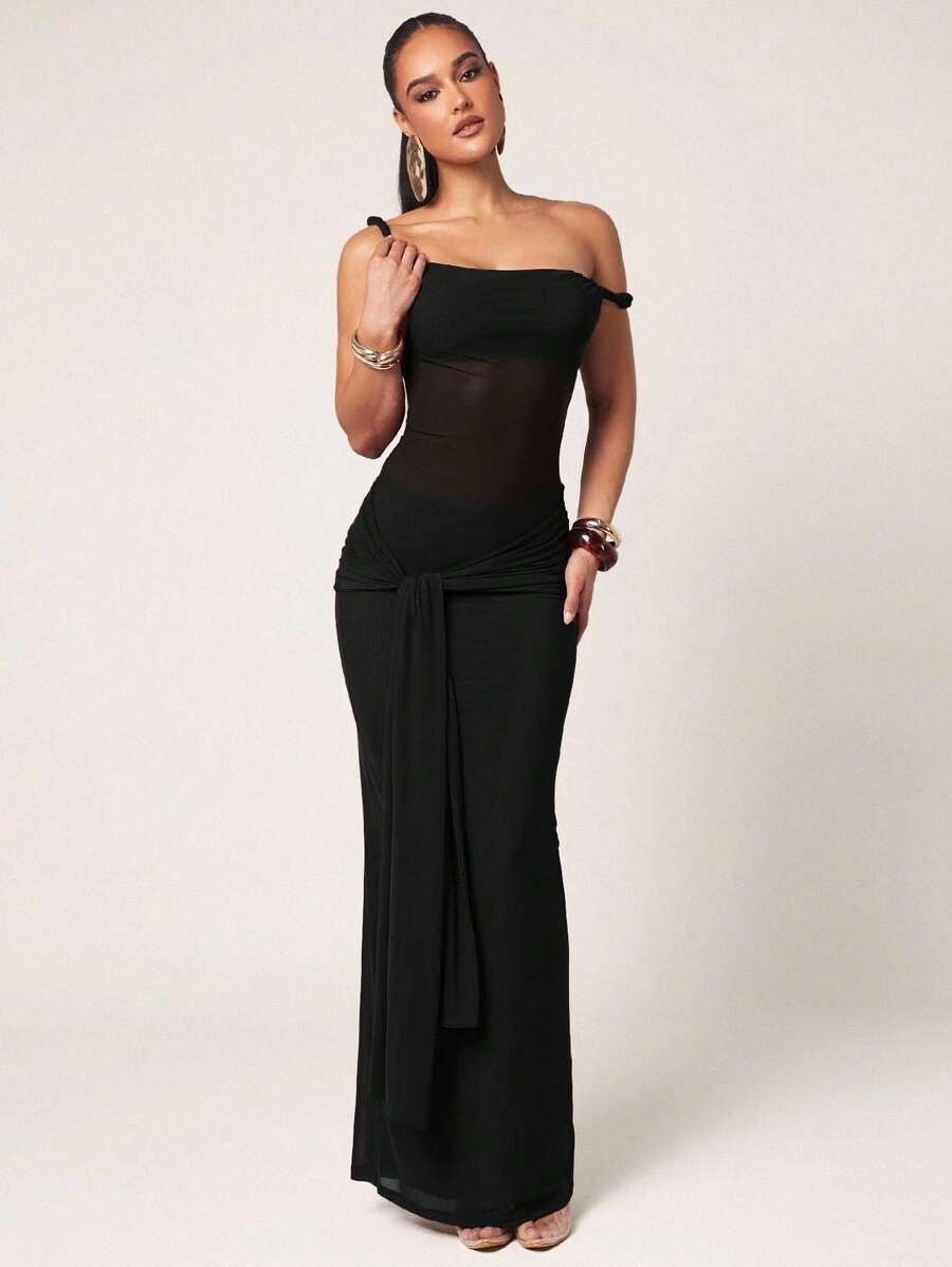Silquee Women's Simple Solid Asymmetrical Shoulder Bodycon Mini Dress, Summer Dress,Back To School Dress, , Black Maxi Dress Sheer Maxi Dress Mesh Maxi Dress Black Sheer Dress Bodycon Maxi Dress,Fall Wedding Guest Dress - Black - View 1
