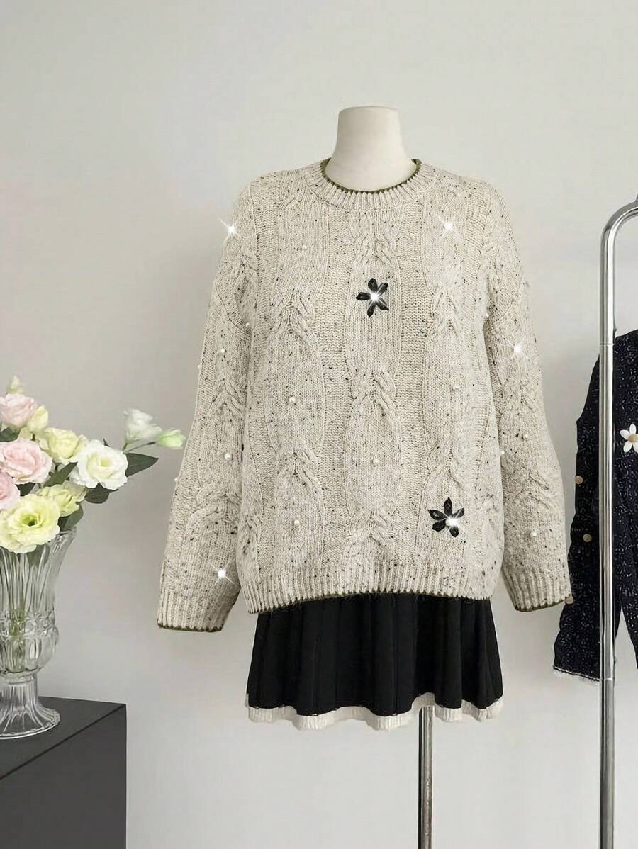 EMERY ROSE Women's Twist Flower Casual Crew Neck Pullover Sweater Winter Fall Autumn - Khaki - View 1