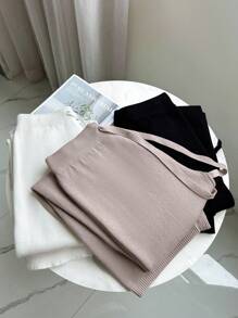 Franclia New Women High Waist Tie Waist Fashion Casual Straight Leg Wide Leg Pants, Thermal Lined Thick Knit Leggings Maillard Style Knitted Sweater Clothes For University - Bronze - View 4