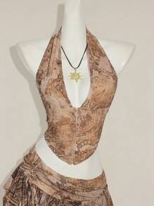 SHEIN ICON Low-Waist Paisley Print Halter Top And Skirt Set Sea Shell Outfit Brown Two Piece Set Women Short Skirt Set Skirt Swimsuit Set Havana Nights Outfit - Khaki - View 3