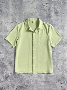 SHEIN Teenboys 宽松休闲百搭纯色纹理短袖衬衫，适合春夏季节，适合运动、外出、居家度假、穿搭