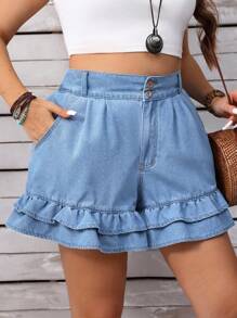 EMERY ROSE Plus Size Women Casual Wash Denim Shorts, Asymmetric Pocket & Ruffle Hem, Summer