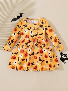 SHEIN Playful Pals OBaby Girl 系列黄色万圣节幽灵和南瓜蝙蝠印花可爱休闲舒适长袖节日连衣裙，适合万圣节派对 - 彩色 - 查看 7