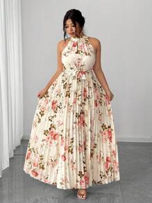 Elenzga 加大码女式优雅浪漫碎花露背百褶宽松腰部长裙