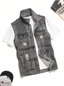 Manfinity EMRG 男士休闲破洞牛仔背心 - 灰色 - 查看 2