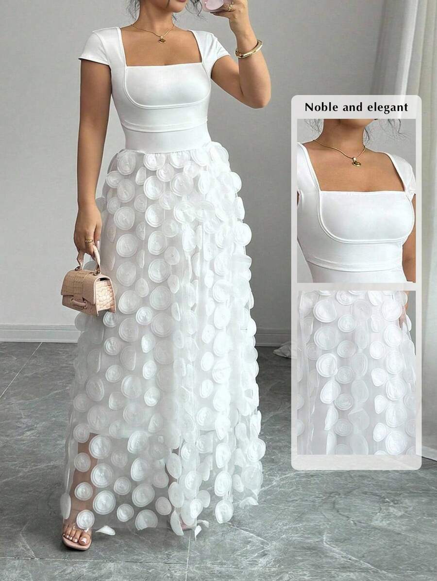 Elenzga 加大码优雅合身连帽高领波西米亚风格白色长裙 - 白色 - 查看 1