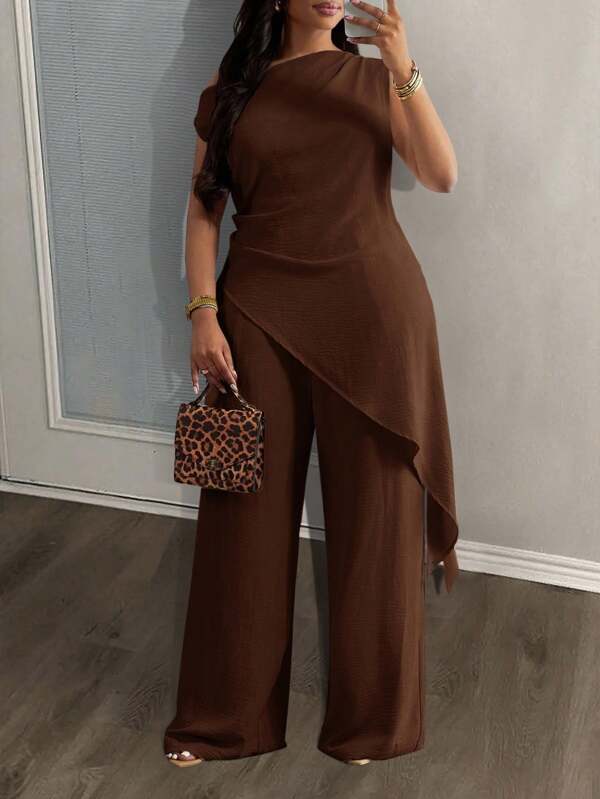 Slaydiva 2025 Neu, lässig, Urlaub, geeignet für Frühling und Sommer, Aprikose, vielseitig, für Geburtstagsfeiern, Verabredungen, täglich, minimalistisch, sexy, Streetstyle, Damen, asymmetrischer Saum, einfarbig, langes T-Shirt – Set aus Oberteil und Hose mit weitem Bein für lässigen Urlaub und Ausflug – Übergröße, brauner Jumpsuit für Damen, One-Shoulder-Jumpsuit, brauner zweiteiliger Jumpsuit für Damen, eleganter Jumpsuit, schlichter zweiteiliger Satz, Lehrer-Outfits für Damen