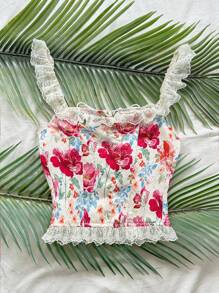 Soleia New Vacation Ruffled Front Tie Blouse For Women, Versatile & Slimming Floral Crop Top Lacey Crop Top Summer Crop Top Lace Trim Crop Top,Party - Multicolor - View 2