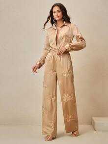 Anewsta 2 Stücke Set für Damen, Luxus Satin mit besticktem Ahornblatt Muster, kontrastfarbiger Kragen, locker & bequem