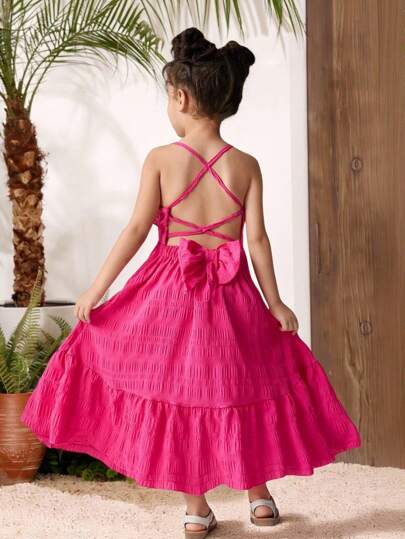 Young Girl Tropical Holiday Spaghetti Strap Tie-Strap Bow Decor Woven Dress,Holiday,Summer,Travel