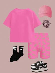 SHEIN 2 件套青少年女孩休闲宽松短袖 T 恤和紧身裤，适合夏季 - 彩色 - 查看 2