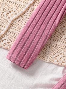 2pcs Girls' Casual Outfit, Pearl Embellished Long Sleeve Top And A-Line Halter Neck Dress, Elegant Outerwear For Spring Autumn, School, Campus, College Fall Winter - Coral Pink - View 7