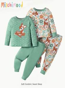 2 件装女婴简约鹿印花长袖上衣和紧身打底裤睡衣套装，贴身合体 - 綠色 - 查看 1