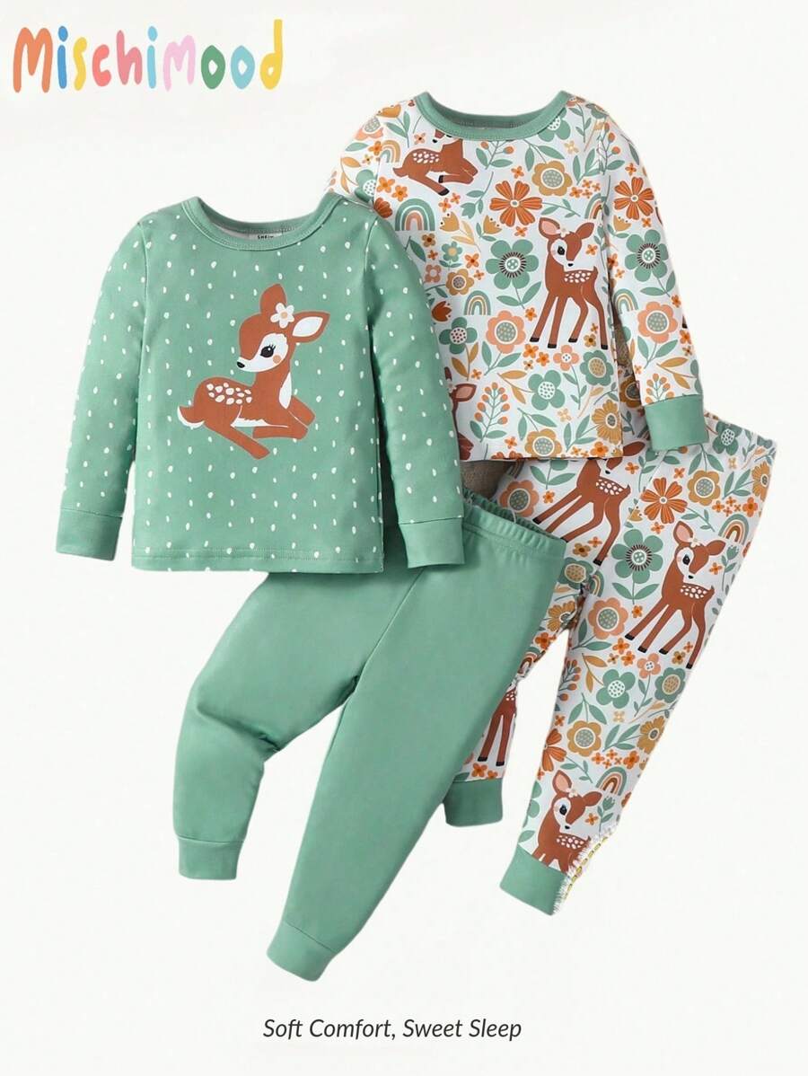2 件装女婴简约鹿印花长袖上衣和紧身打底裤睡衣套装，贴身合体 - 綠色 - 查看 1