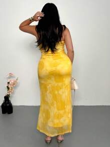 Firerie Plus Size Elegant Commuter Workplace Sophisticated Vacation Afternoon Tea Mildly Sexy Date Cocktail Party INS Retro College Beach Photo Outfit Spaghetti Strap Bodycon Yellow Long Maxi Dress With Ombre Gradient Floral Print & Net Mesh - Yellow - View 3