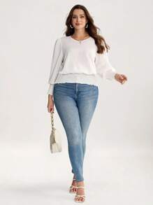 SHEIN LUNE 大码女装返校装女装秋季白色波浪条纹圆领复古服装女式收腰衬衫商务休闲女装秋冬季曲线教师返校装衬衫