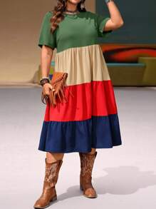 EMERY ROSE Robe décontractée à volants et blocs de couleurs, manches courtes, taille grande. Style simple et mode. Convient pour l'été, le style décontracté, la mode estivale, les tenues de femmes, les tenues de concert country, les tenues western pour femmes, les vêtements d'été pour femmes en grande taille, les vêtements d'affaires décontractés pour femmes en été - Multicolore - Voir 1