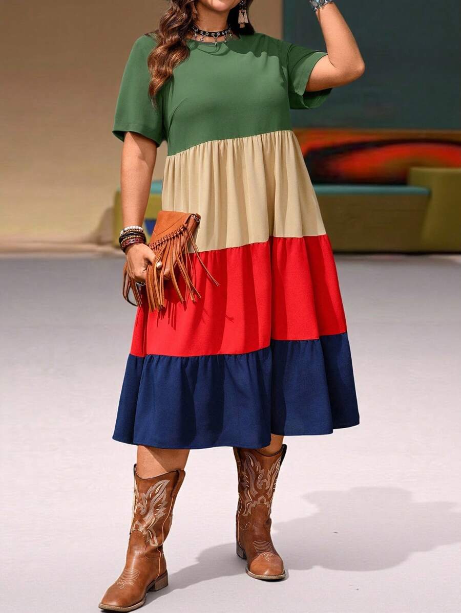 EMERY ROSE Robe décontractée à volants et blocs de couleurs, manches courtes, taille grande. Style simple et mode. Convient pour l'été, le style décontracté, la mode estivale, les tenues de femmes, les tenues de concert country, les tenues western pour femmes, les vêtements d'été pour femmes en grande taille, les vêtements d'affaires décontractés pour femmes en été - Multicolore - Voir 1