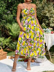 Lyckli Pregnant Women Fruit Print Hollow Out A-Line Sleeveless Dress, Suitable For Vacation, Spring & Summer, Beach - Multicolor - View 4