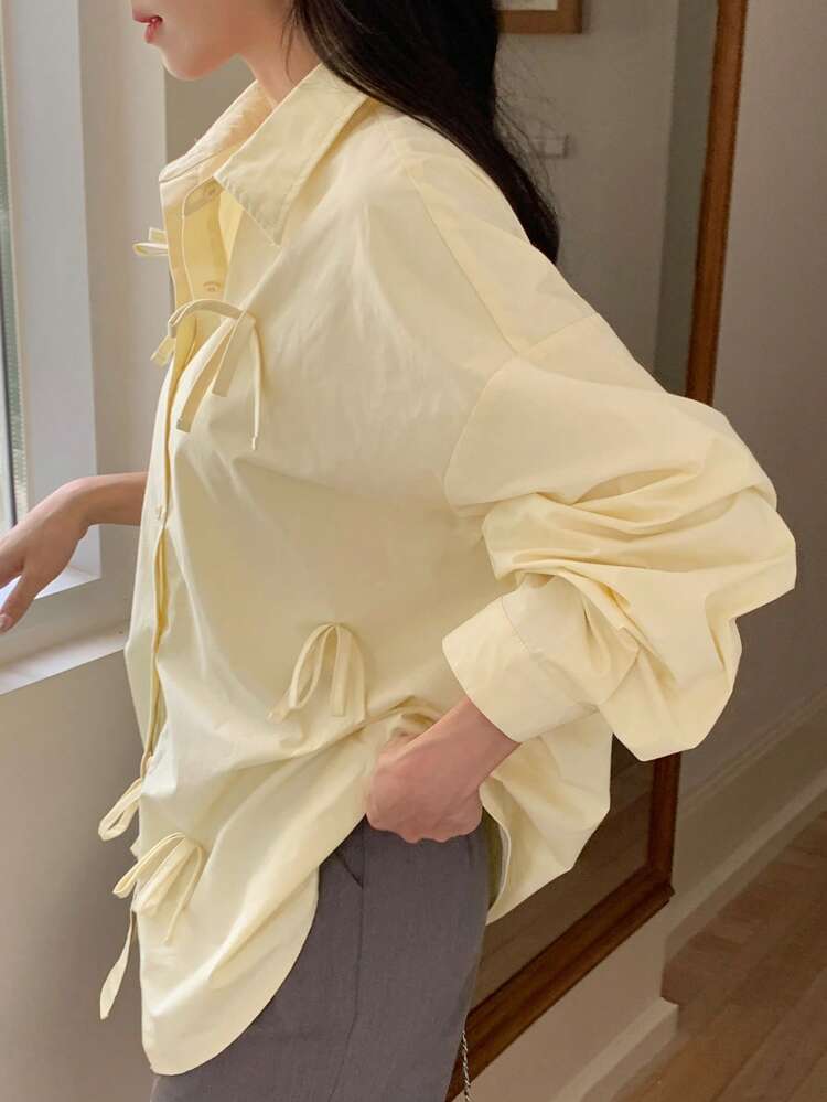 1pc Women's Solid Color Drop Shoulder Long Sleeve Casual Shirt With Bow Decor & Single Button