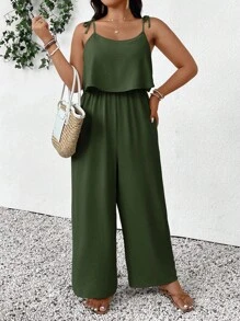 SHEIN Frenchy Plus Size Casual Holiday Textured Solid Color Jumpsuit,Holiday Outfits For Women - Dark Green - View 4