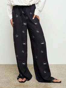 AiiRZ Palazzo Wide Leg Lounge Pants With Nautical Starfish Shell Print Drawstring Waist Resort Beachwear Summer Holiday Pants