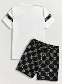 Manfinity BRENVOR Letter Printed Short Sleeve T-Shirt And Drawstring Shorts Casual Set For Summer - Black and White - View 2
