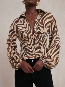 NYA SZN Áo dài tay cổ cài cúc, kiểu dáng trang trọng, kín đáo, họa tiết da báo, thích hợp cho các dịp đặc biệt, đi nghỉ mát, đi nhà thờ, dự tiệc tối, mùa thu đông, phong cách Ibiza, lãng mạn, lễ hội. - màu đen - Xem 5