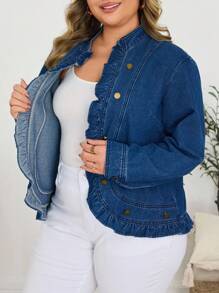 SHEIN Plus Size Casual Vacation Washed Plain Denim Jacket - Medium Wash - View 7
