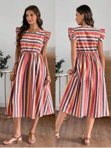 EMERY ROSE Women Summer Stripe Round Neck Cap Sleeve Casual Long Dress - Multicolor - View 4