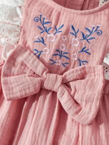 Blossori Baby Girl Floral Embroidered Ruffled Trim Jumpsuit, Vacation Countryside Style - Pink - View 3